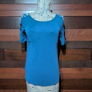 Cloud Chaser Teal Cold-Shoulder Short Sleeve Top